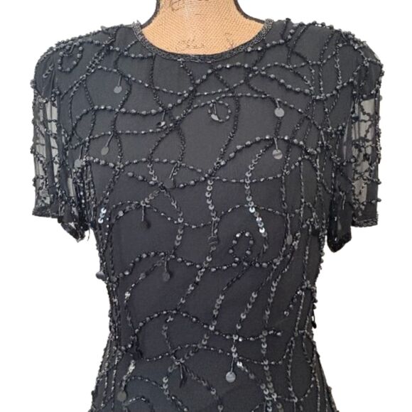 Vintage 80s Night Line Beaded Shift Dress 100% Silk Black Modern Size Small - Picture 2 of 8